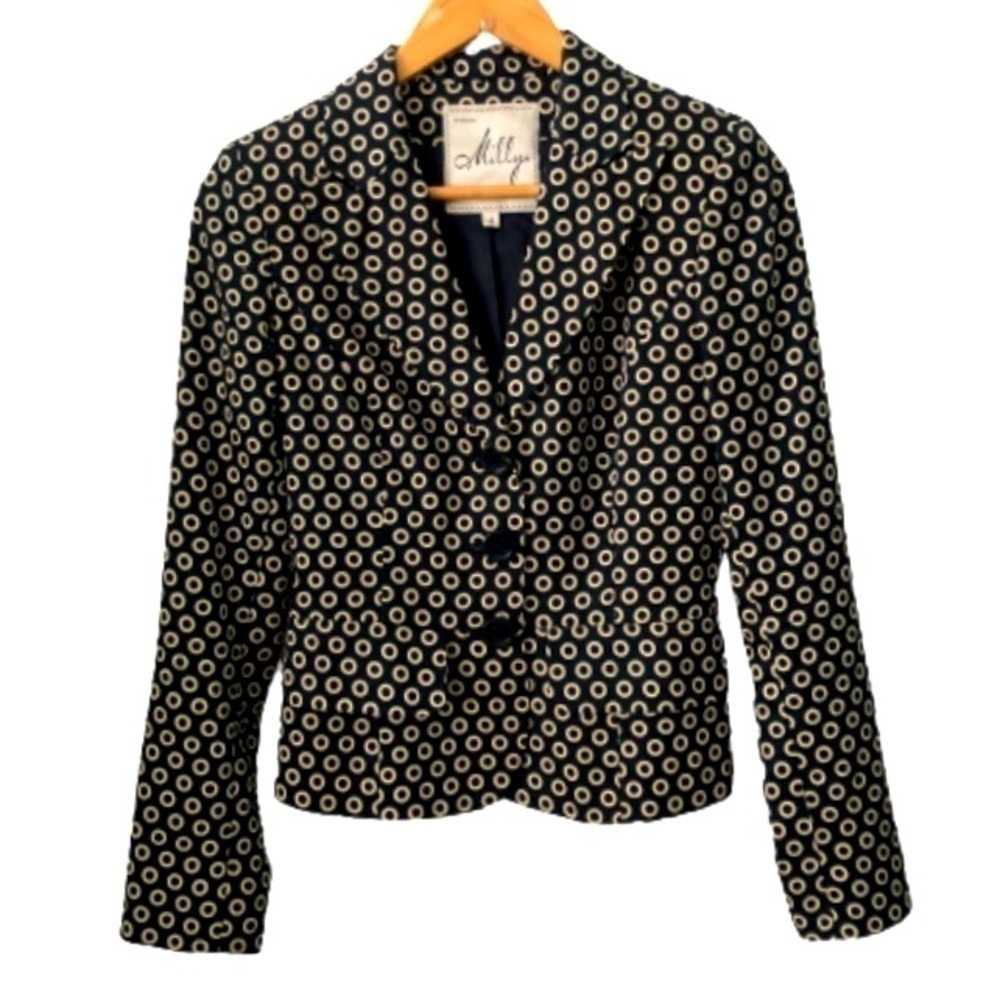 Milly of NY 100% cottn crp lined nvy cir Prnt jkt w peplum SZ 4 old money